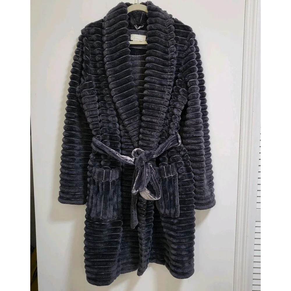 ANTHROPOLOGIE Mariposa Robe Womens M/L Charcoal Velvet Tie Faux Fur Plush Cozy - Picture 2 of 8